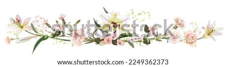 Panoramic view: bouquet of carnation, lilies, spring blossom. Horizontal border: light flowers, buds, leaves on white background. Realistic digital illustration in watercolor style, vintage, vector