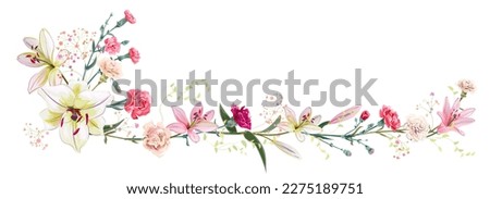 Panoramic view: bouquet of carnation, lilies, spring blossom. Horizontal border for Mothers Day or wedding invitation. Gentle realistic illustration in watercolor style on white background. Vector