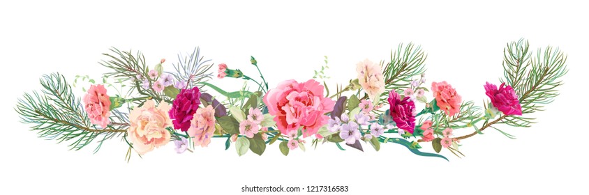 Panoramic view: bouquet of carnation schabaud, spring blossom, pine branches. Horizontal border: red, pink flowers on white background. Digital draw illustration in watercolor style, vintage, vector