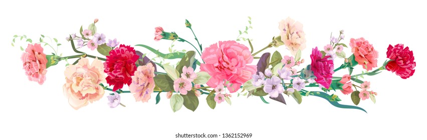 Panoramic view: bouquet of carnation schabaud, spring blossom. Horizontal border: red, pink flowers, buds, leaves on white background. Digital draw illustration in watercolor style, vintage, vector