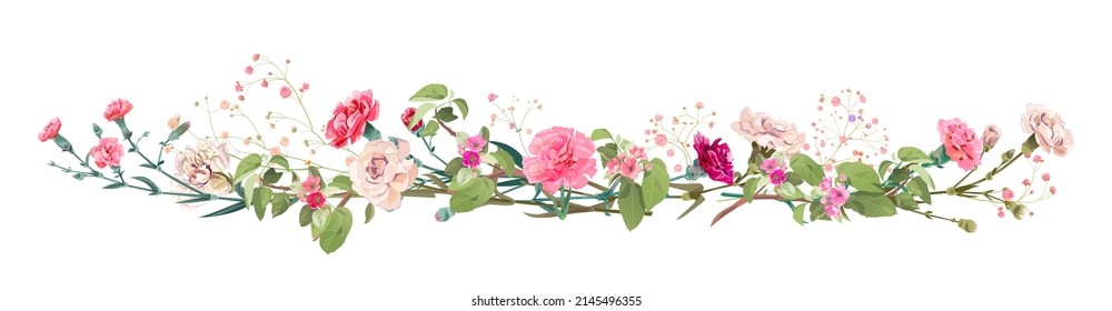 Panoramic view: bouquet of carnation and spring blossom. Horizontal border: light, pink flowers, buds, leaves on white background. Realistic digital illustration in watercolor style, vintage, vector