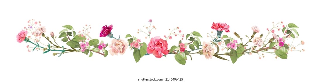 Panoramic view: bouquet of carnation and spring blossom. Horizontal border: light, pink flowers, buds, leaves on white background. Realistic digital illustration in watercolor style, vintage, vector