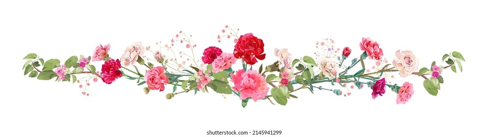 Panoramic view: bouquet of carnation and spring blossom. Horizontal border: red, pink flowers, buds, leaves on white background. Realistic digital illustration in watercolor style, vintage, vector