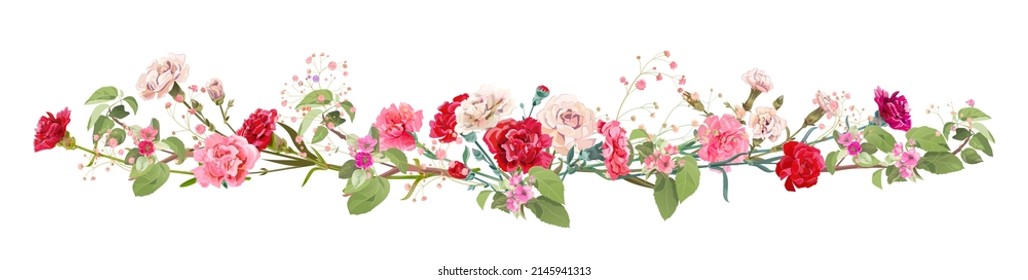 Panoramic view: bouquet of carnation and spring blossom. Horizontal border: red, pink flowers, buds, leaves on white background. Realistic digital illustration in watercolor style, vintage, vector