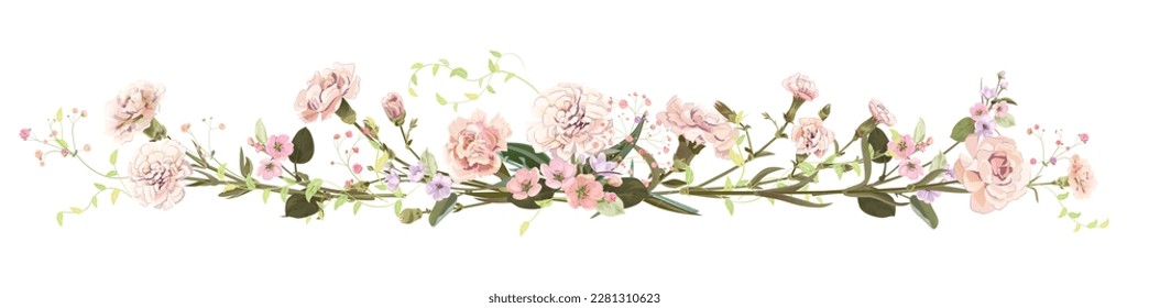 Panoramic view: bouquet of carnation and spring blossom. Horizontal border: light flowers, buds, leaves on white background. Realistic digital illustration in watercolor style, vintage, vector