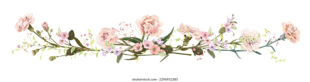 Panoramic view: bouquet of carnation and spring blossom. Horizontal border: light flowers, buds, leaves on white background. Realistic digital illustration in watercolor style, vintage, vector