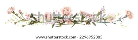 Panoramic view: bouquet of carnation and spring blossom. Horizontal border: light flowers, buds, leaves on white background. Realistic digital illustration in watercolor style, vintage, vector