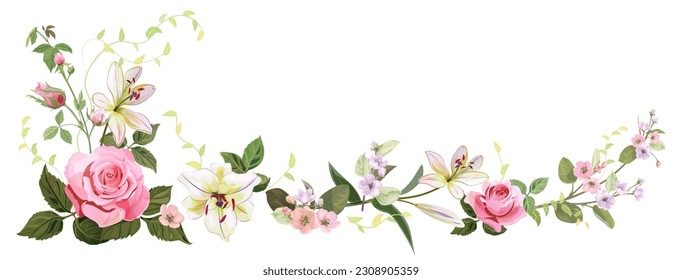 Panoramic view: bouquet of pink roses, lilies, spring blossom. Horizontal border for Mothers Day or wedding invitation. Gentle realistic illustration in watercolor style on white background. Vector