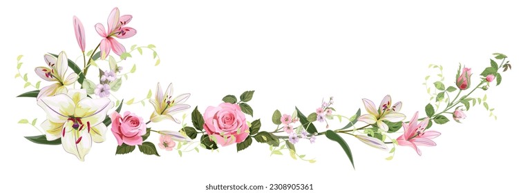 Panoramic view: bouquet of pink roses, lilies, spring blossom. Horizontal border for Mothers Day or wedding invitation. Gentle realistic illustration in watercolor style on white background. Vector