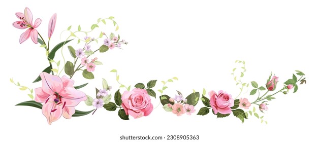 Panoramic view: bouquet of pink roses, lilies, spring blossom. Horizontal border for Mothers Day or wedding invitation. Gentle realistic illustration in watercolor style on white background. Vector