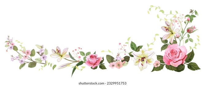 Panoramic view: bouquet of pink roses, lilies, spring blossom. Horizontal border for Mothers Day or wedding invitation. Gentle realistic illustration in watercolor style on white background. Vector