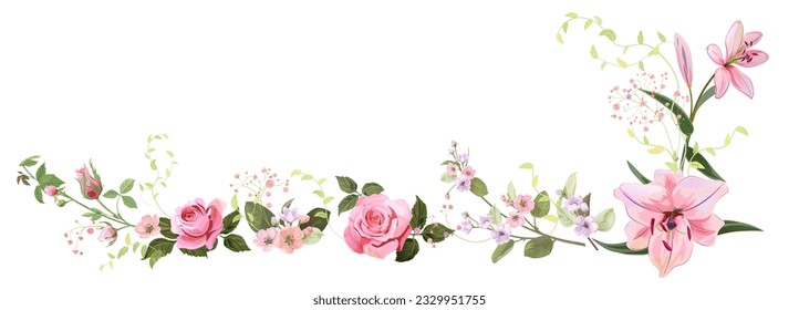 Panoramic view: bouquet of pink roses, lilies, spring blossom. Horizontal border for Mothers Day or wedding invitation. Gentle realistic illustration in watercolor style on white background. Vector