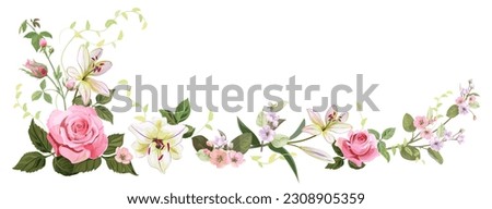 Panoramic view: bouquet of pink roses, lilies, spring blossom. Horizontal border for Mothers Day or wedding invitation. Gentle realistic illustration in watercolor style on white background. Vector