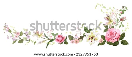 Panoramic view: bouquet of pink roses, lilies, spring blossom. Horizontal border for Mothers Day or wedding invitation. Gentle realistic illustration in watercolor style on white background. Vector