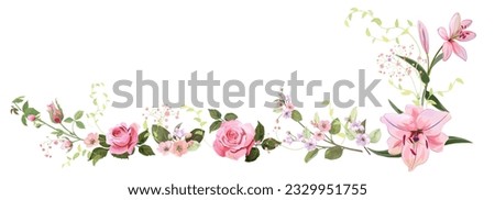 Panoramic view: bouquet of pink roses, lilies, spring blossom. Horizontal border for Mothers Day or wedding invitation. Gentle realistic illustration in watercolor style on white background. Vector