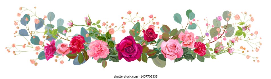 Panoramic view: bouquet of rose, carnation, gypsophile, eucalyptus. Horizontal border: red, pink flowers, green leaves, white background. Digital draw illustration in watercolor style, vintage, vector