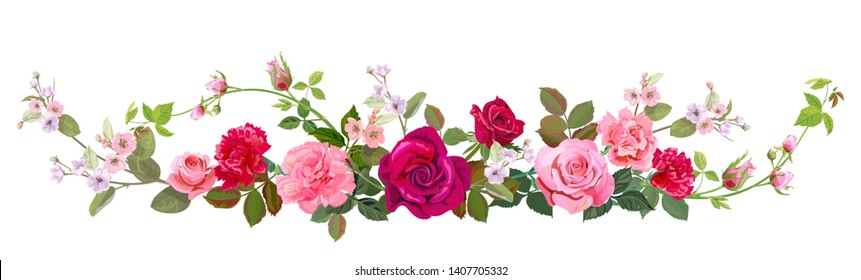 Panoramic view: bouquet roses  carnation  spring blossom  Horizontal border: red  pink flowers  buds  green leaves  white background  Digital draw illustration in watercolor style  vintage  vector