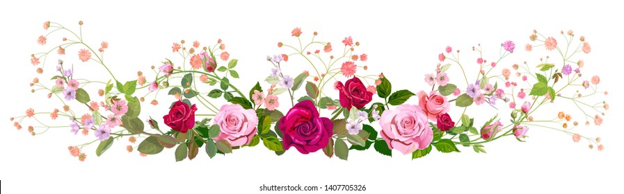 Panoramic view: bouquet of roses, gypsophile, spring blossom. Horizontal border: red, pink flowers, buds, green leaves, white background. Digital draw illustration in watercolor style, vintage, vector