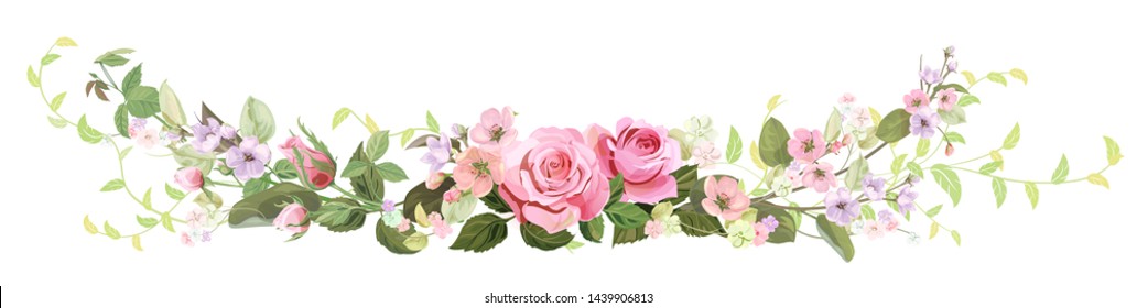 Panoramic view: bouquet of roses, spring blossom. Horizontal border: red, mauve, pink flowers, buds, green leaves on white background. Digital draw illustration in watercolor style, vintage, vector