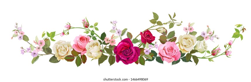 Panoramic view: bouquet of roses, spring blossom. Horizontal border: red, pink, white flowers, buds, green leaves, white background. Digital draw illustration in watercolor style, vintage, vector