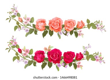 Panoramic view: bouquet of roses, spring blossom. Horizontal border: branches red, pink flowers, buds, green leaves, white background. Digital draw illustration in watercolor style, vintage, vector