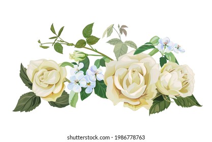 Panoramic view: bouquet of roses, spring blossom. Horizontal border: white, blue flowers, buds, green leaves on light background. Digital draw illustration in watercolor style, vintage, vector