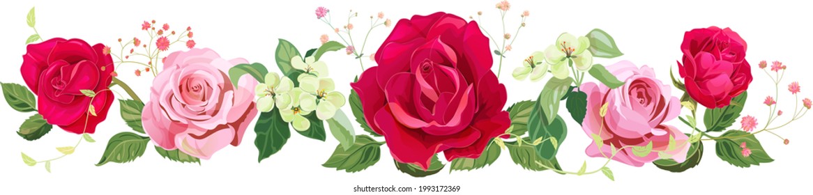 Panoramic view: bouquet of roses, spring blossom, gypsophila. Horizontal border: pink, red flowers, buds, green leaves on white background. Digital draw illustration watercolor style, vintage, vector