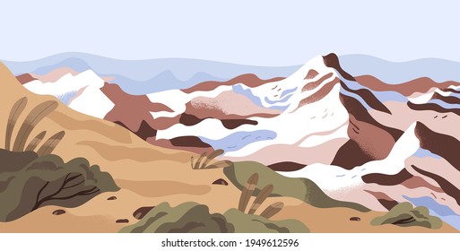 Panoramic view of calm nature landscape with snowy mountain tops and sky horizon. Peaceful scenic panorama with hills and bushes. Winter turns to spring concept. Colored flat vector illustration