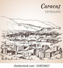 Panoramic view of Caracas, Venezuela. Sketch. Isolated on white background