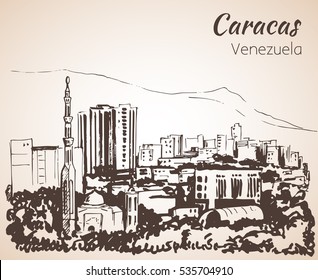 Panoramic view of Caracas, Venezuela. Sketch. Isolated on white background
