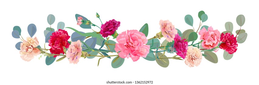 Panoramic view of carnation schabaud: pink, white, red flowers, leaves eucalyptus populus, white background, illustration in watercolor style for Mother's Day, horizontal border, vector