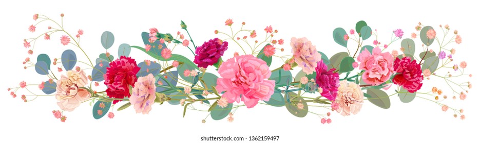 Panoramic view of carnation schabaud: pink, white, red flowers, leaves eucalyptus, twigs gypsophile, white background, illustration in watercolor style for Mother's Day, horizontal pattern, vector