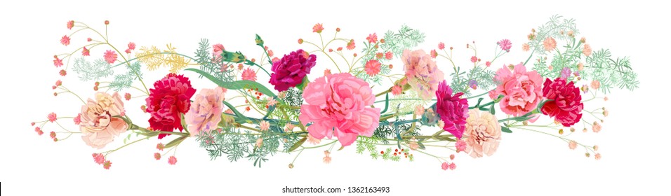 Panoramic view of carnation schabaud: pink, white, red flowers, twigs gypsophile, asparagus, white background, illustration in watercolor style for Mother's Day, horizontal pattern, vector