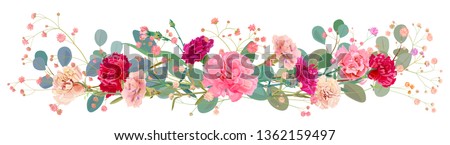 Panoramic view of carnation schabaud: pink, white, red flowers, leaves eucalyptus, twigs gypsophile, white background, illustration in watercolor style for Mother's Day, horizontal pattern, vector