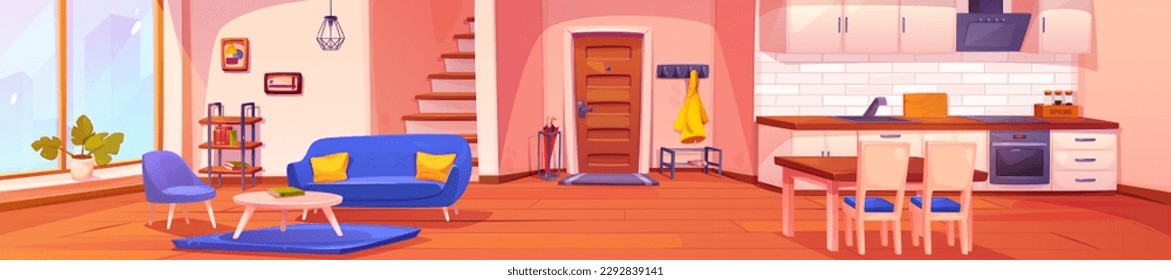 Panoramic view of cartoon home interior with furniture. Vector illustration of modern studio apartment hallway, kitchen, living room and stairs. Cozy house with large window, couch, dining table