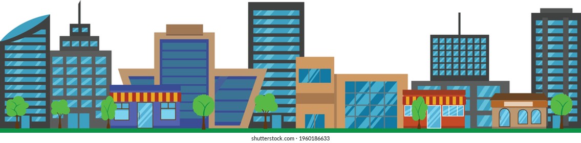 Panoramic view of city buildings isolated on white flat vector design