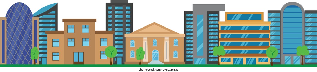 Panoramic view of city buildings isolated on white flat vector design