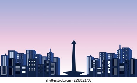 A panoramic view of the city in the evening with many tall buildings and offices around the Indonesian monument