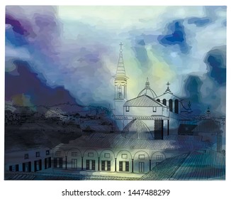 Panoramic view of the city of Florence, silhouette in the lines, church, roofs, windows, trees, mountains on the background of fog of watercolor