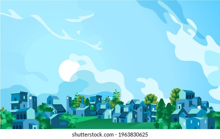 Panoramic view of a city with houses, trees and blue sky