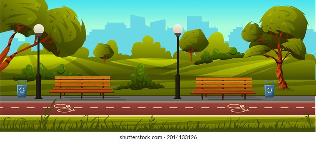 Panoramic view of the city park with green trees and grass, wooden benches, lanterns, bicycle and jogging paths. Vector cartoon summer landscape with empty public garden. Vector illustration