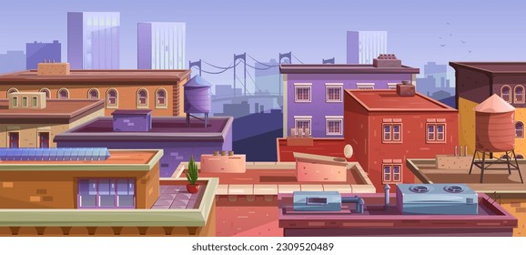 Panoramic view of the city rooftops. Urban area with old European-style apartment buildings. Bridge and skyscrapers on the skyline. Ventilation, water tank, chimney. Vector cartoon illustration.