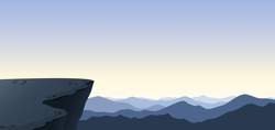 Panoramic View From The Cliff On The Mountain Ranges. Steep Ledge In The Foreground. Silhouettes Of Mountains In The Fog. Vector Image.