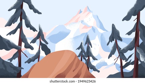 Panoramic view from cliff on mountain peak covered with snow. Calm nature landscape with forest and snowy mount. Peaceful winter scenery of highlands. Colored flat vector illustration