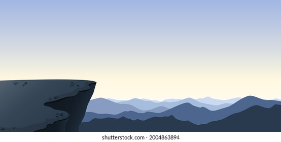 Panoramic view from the cliff on the mountain ranges. Steep ledge in the foreground. Silhouettes of mountains in the fog. Vector image.