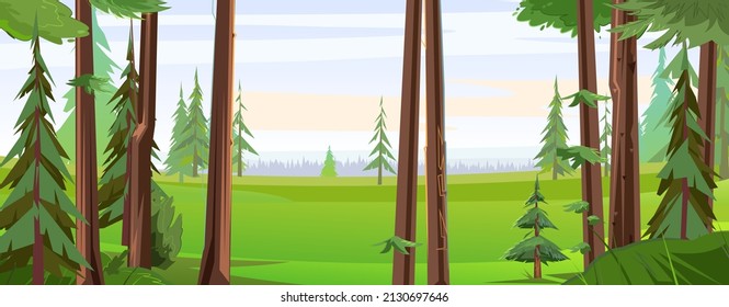 Panoramic view from coniferous forest. Beautiful summer landscape with trees. Green pines and ate. Illustration in cartoon style flat design. Vector.