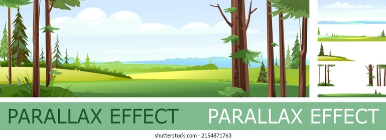 Panoramic view from coniferous forest with parallax effect. Beautiful summer landscape with trees. Green pines and ate. Illustration in cartoon style flat design. Vector.