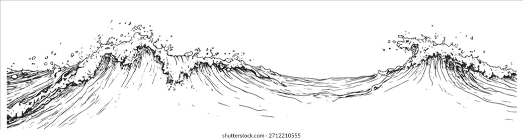 Vista panorámica de las olas del océano que se estrellan en la Ilustración vectorial blanca y negra del mar tormentoso