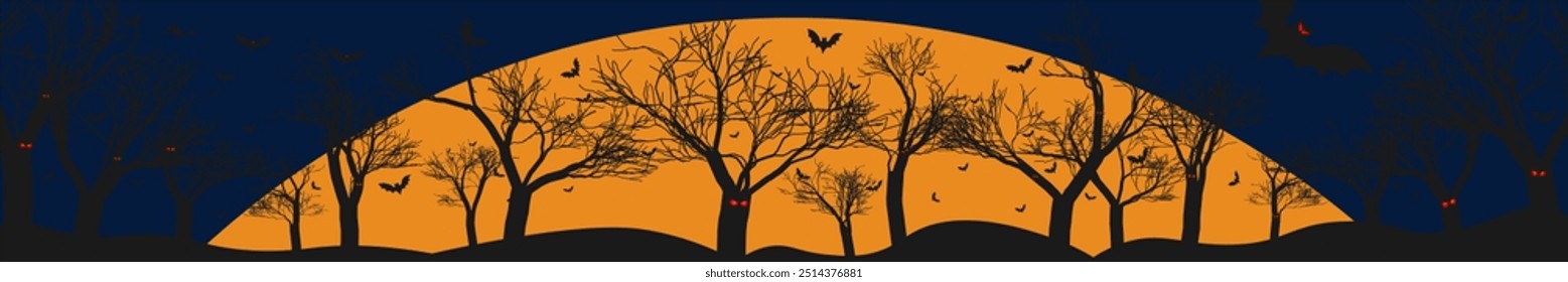 Panoramic View of a dark forest with bare trees with eyes and flying bats with an orange moon on a dark blue night sky. Perfect for horror, Halloween backgrounds. Vector Illustration.