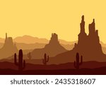 Panoramic view of the desert in America. Vector illustration in flat style.